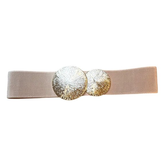 2/$30 NEW Elastic Wide Deep Beige Corset Waist Belt Metallic Snap Buckle Cinched - Picture 3 of 7